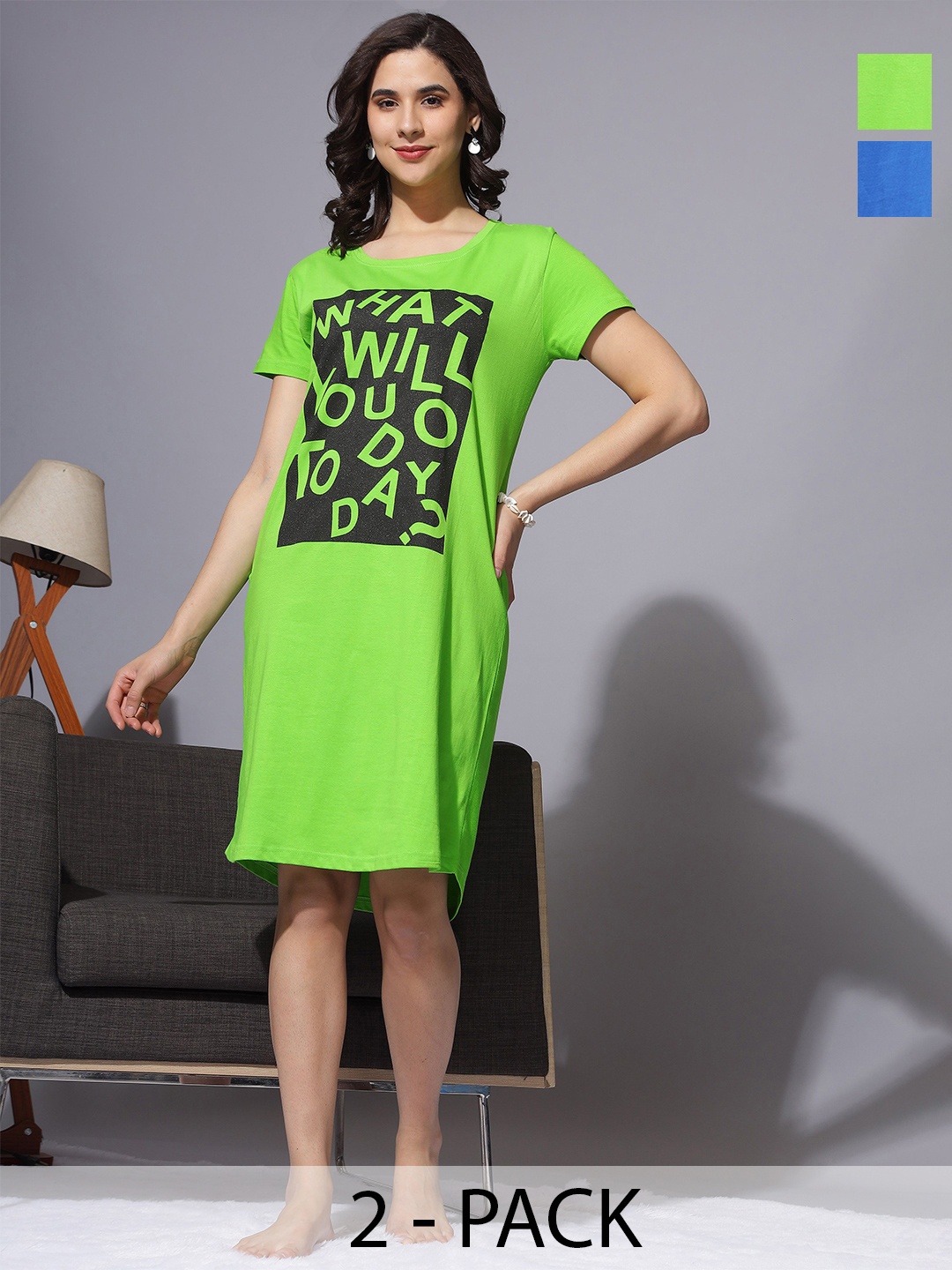 

9shines Label Pack Of 2 Plus Size Printed T-Shirt Night Dress, Green