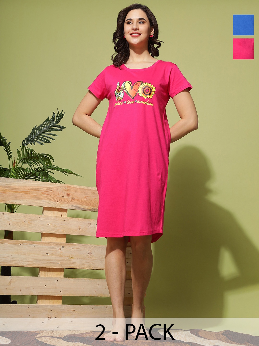 

9shines Label Plus Size Pack of 2 Printed T-Shirt Nightdress, Pink