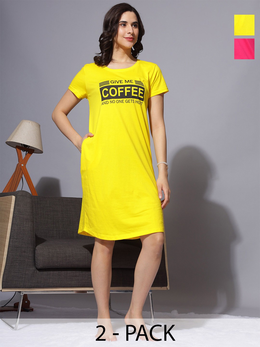 

9shines Label Pack of 2 Typography Printed Pure Cotton Nightdress, Yellow