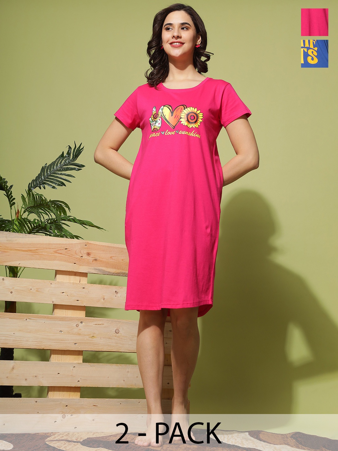 

9shines Label Pack of 2 Graphic Printed Pure Cotton T-shirt Nightdress, Pink