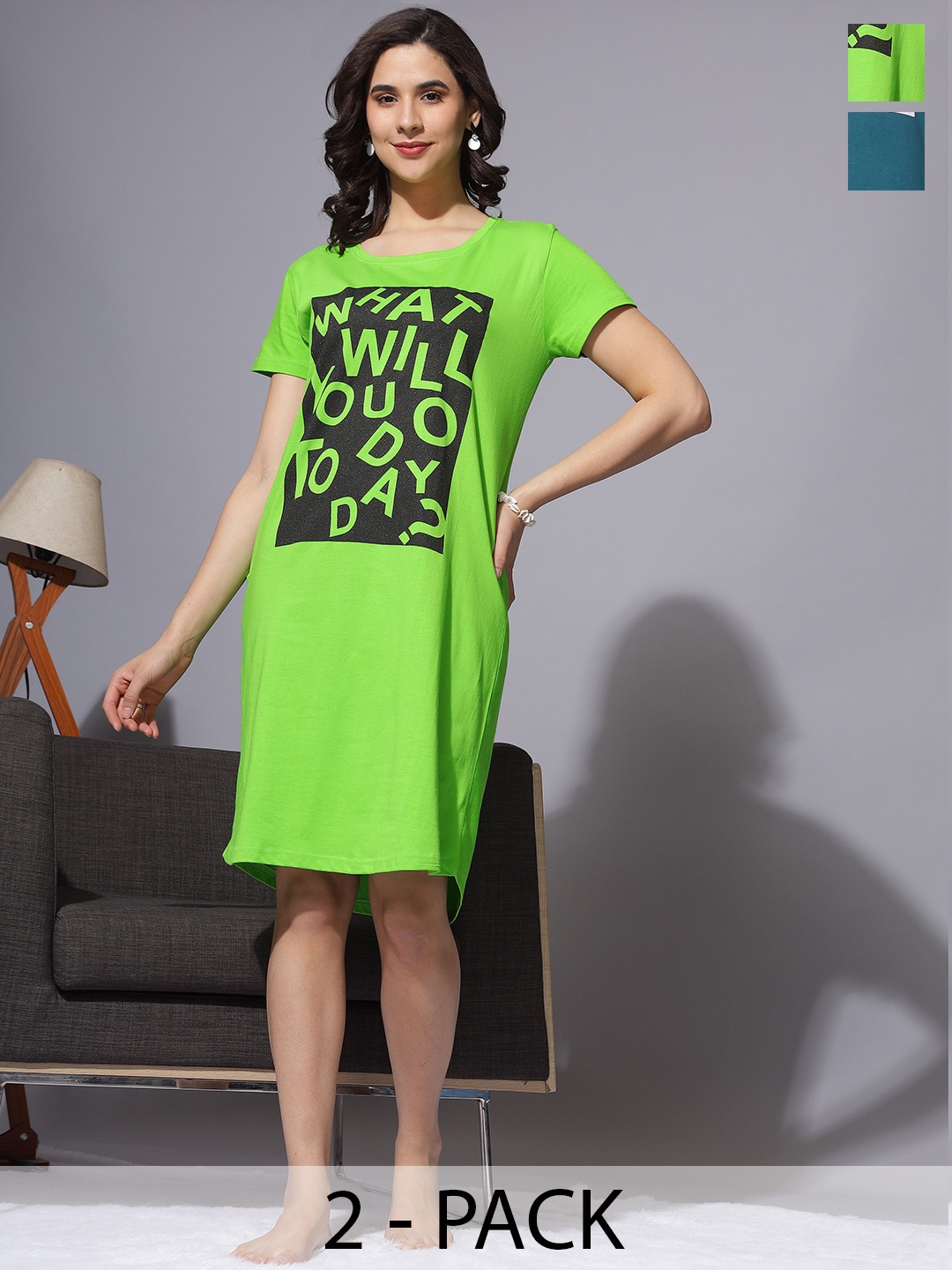 

9shines Label Plus Size Printed T-Shirt Night Dress - Pack Of 2, Green