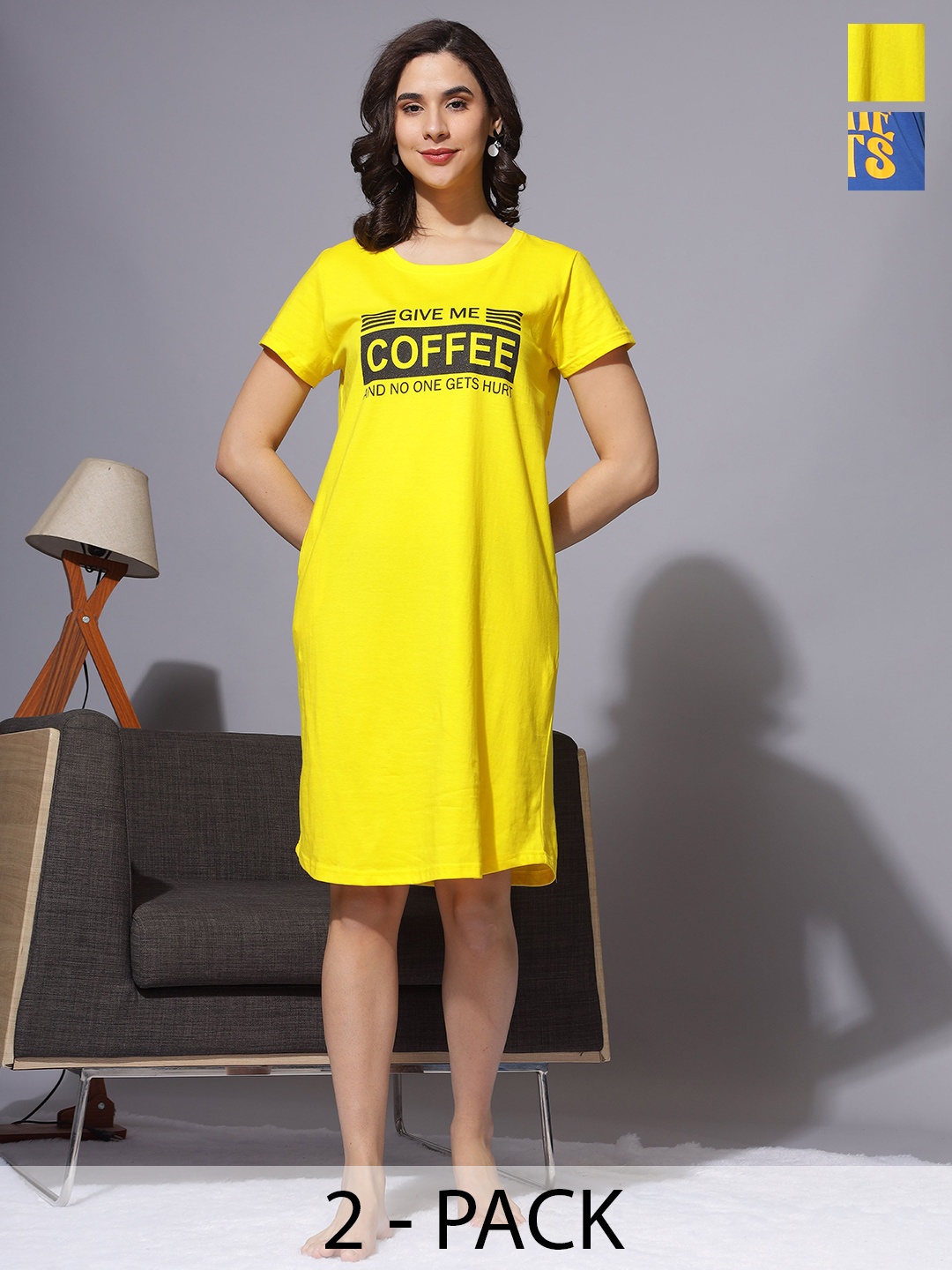 

9shines Label Plus Size Printed T-Shirt Night Dress - Pack Of 2, Yellow