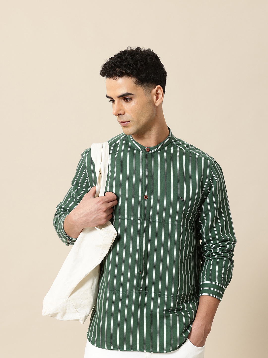 

Mr Bowerbird Men Premium Striped Linen Cotton Casual Shirt, Green