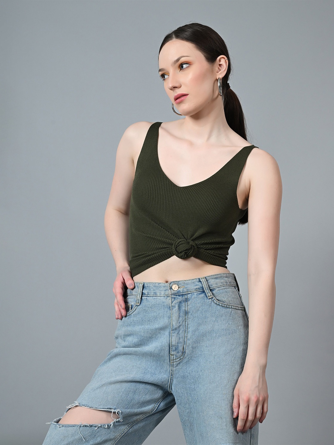 

The Roadster Lifestyle Co. Solid V-Neck Crop Top, Olive