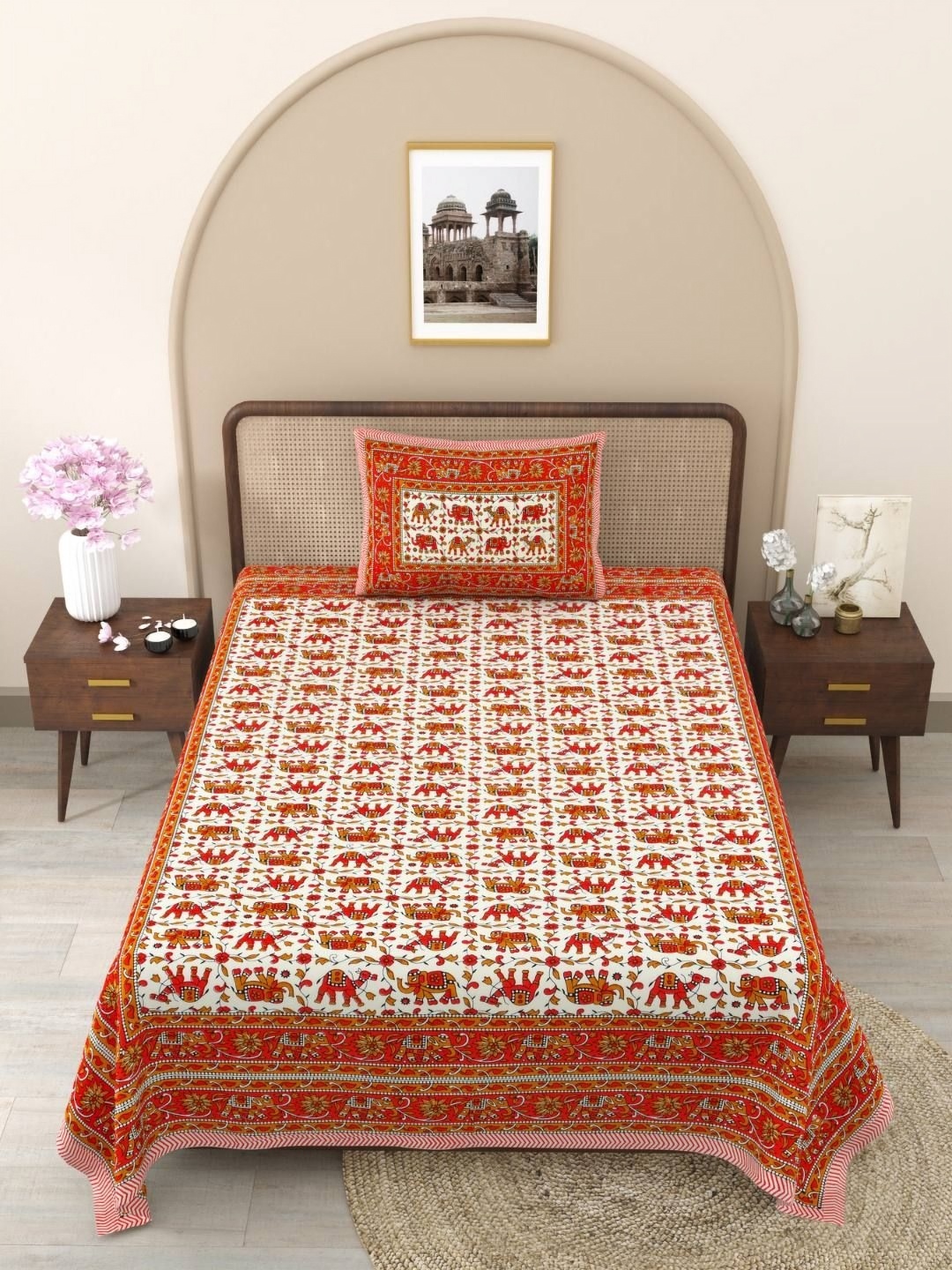 

The Craft Monk Red Ethnic Motifs 180 TC Cotton Single Bedsheet with 1 Pillow Cover