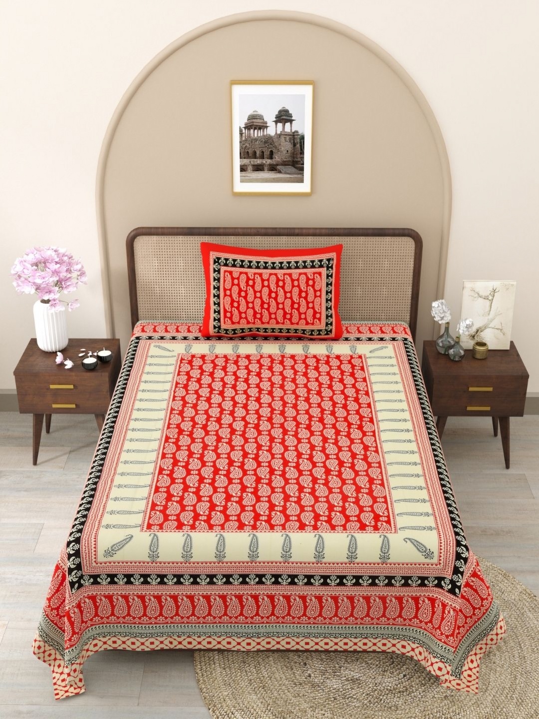 

The Craft Monk Red Ethnic Motifs 180 TC Cotton Single Bedsheet with 1 Pillow Cover
