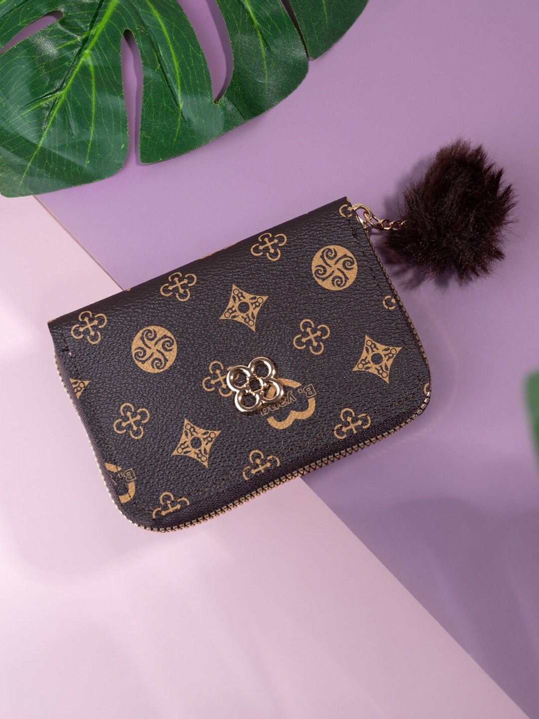

Styli Women Abstract Printed Zip Around Wallet With Pompom Detail, Brown