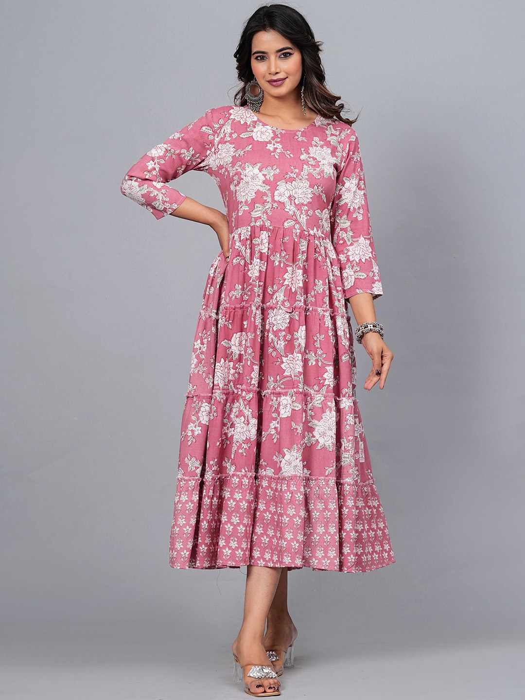 

KALINI Floral Printed Round Neck Tiered Fit & Flare Midi Ethnic Dress, Pink