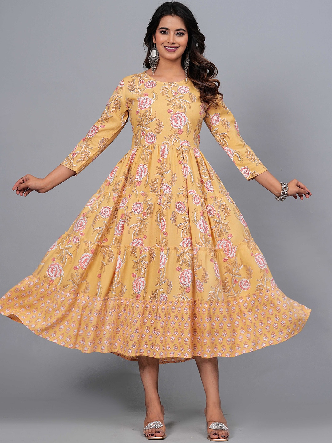 

KALINI Floral Printed Round Neck Tiered Fit & Flare Midi Ethnic Dress, Yellow