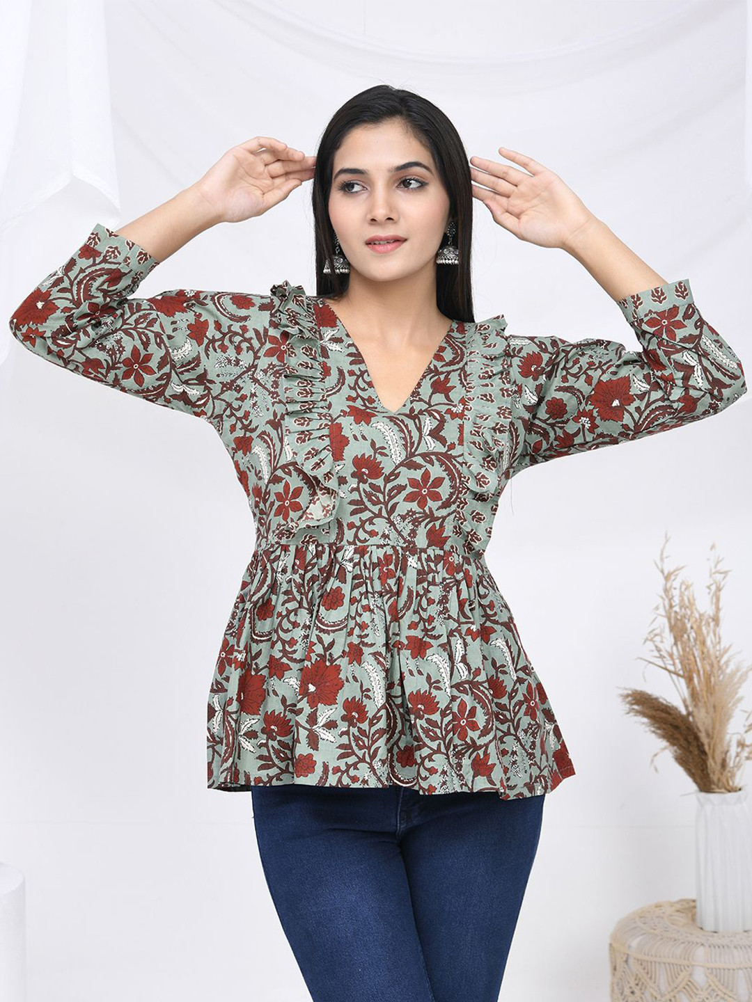 

THE SAFFRON SAGA Floral Print Cotton Wrap Top, Green