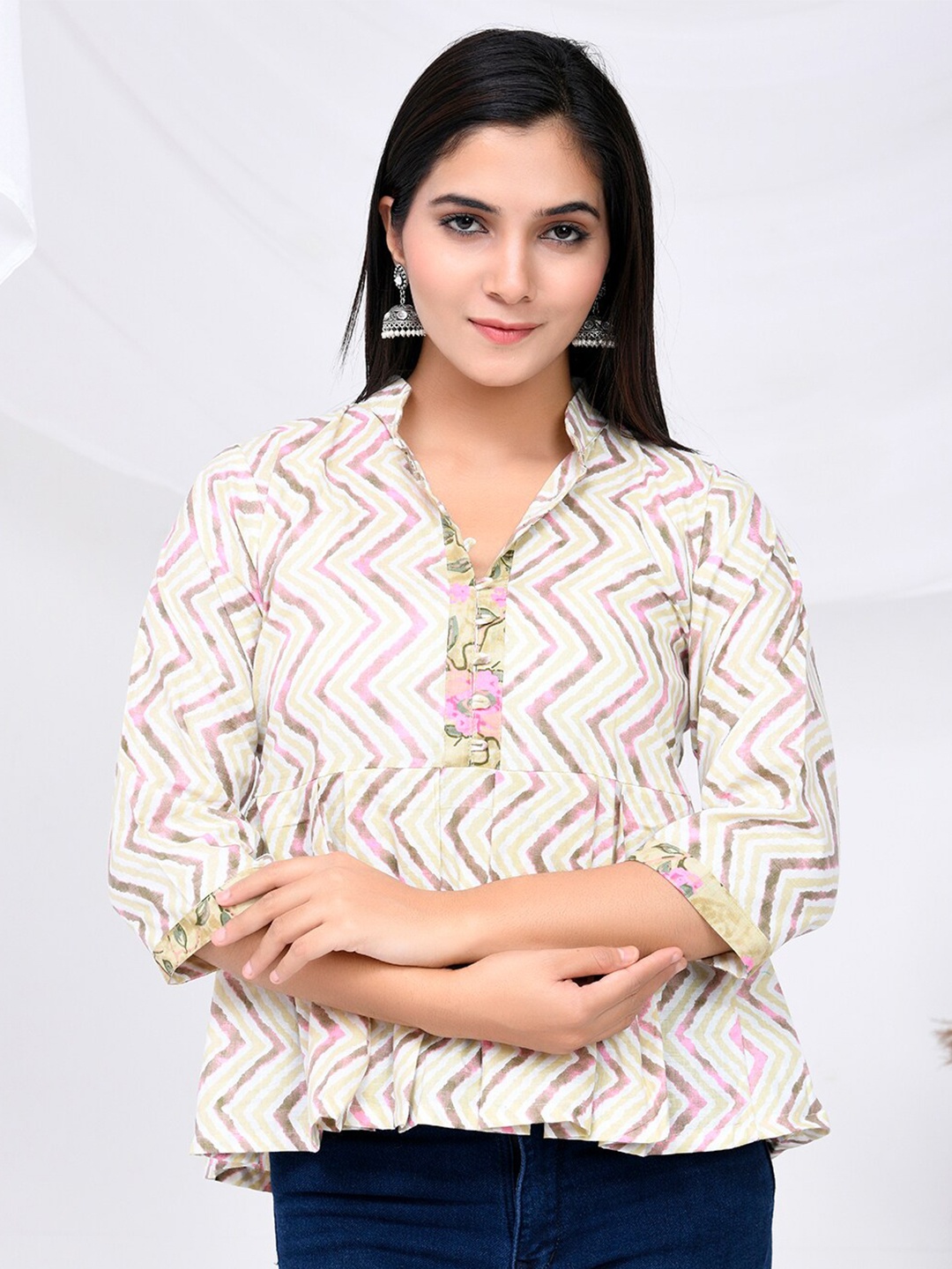 

THE SAFFRON SAGA Geometric Printed Pure Cotton Empire Top, Beige