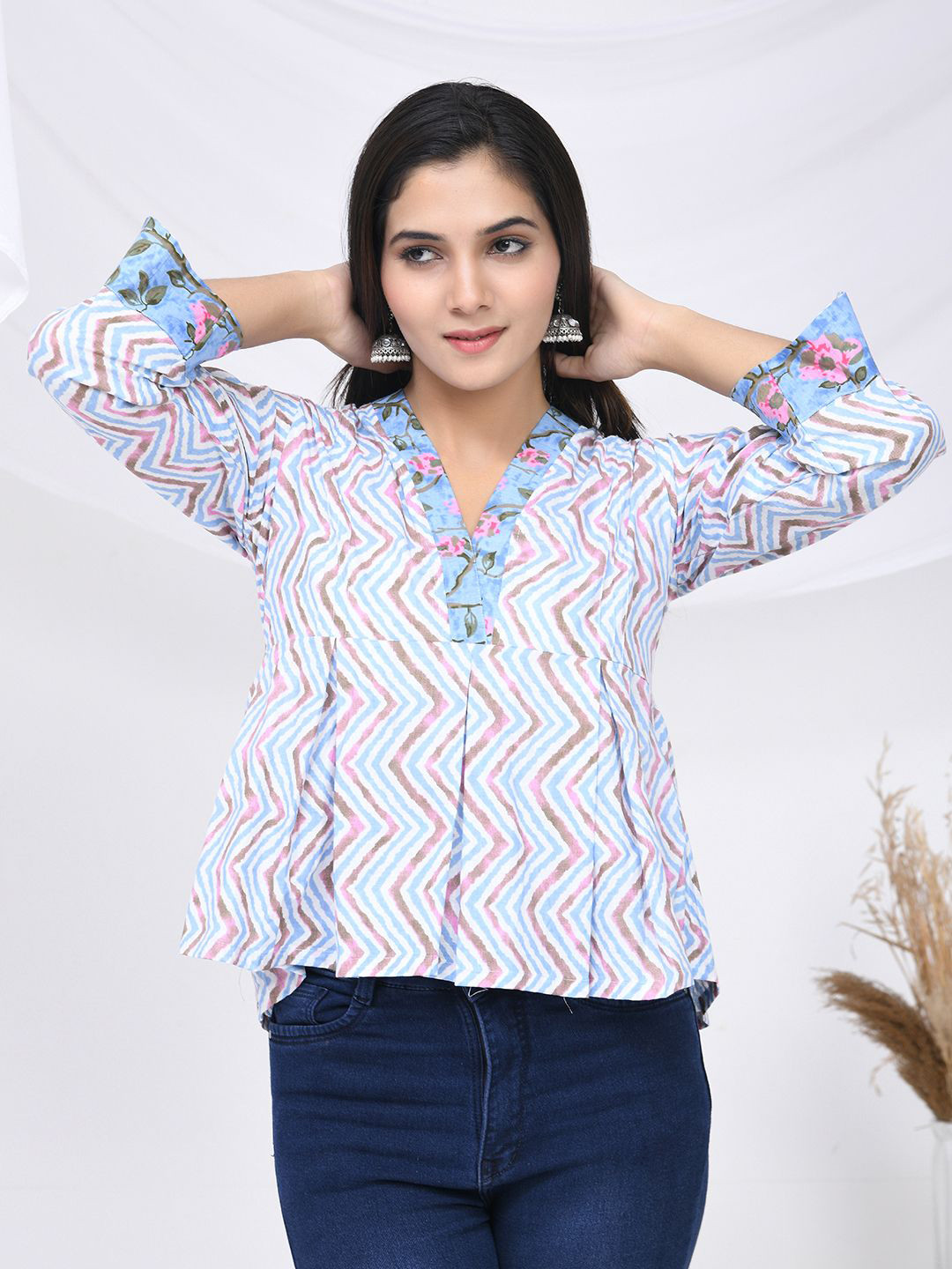 

THE SAFFRON SAGA Geometric Printed Mandarin Collar Pure Cotton Shirt Style Top, Blue