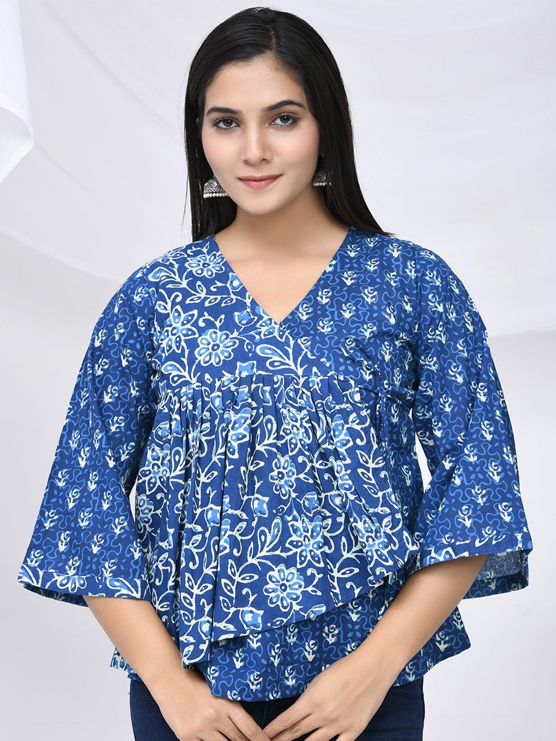 

THE SAFFRON SAGA Floral Printed Flared Sleeves Pure Cotton Wrap Top, Blue