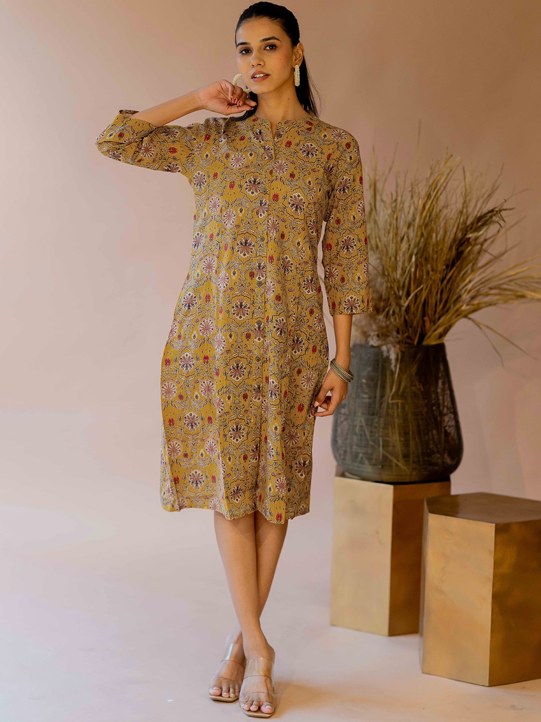 

KALINI Printed Mandarin Collar Cotton A-Line Ethnic Dress, Mustard