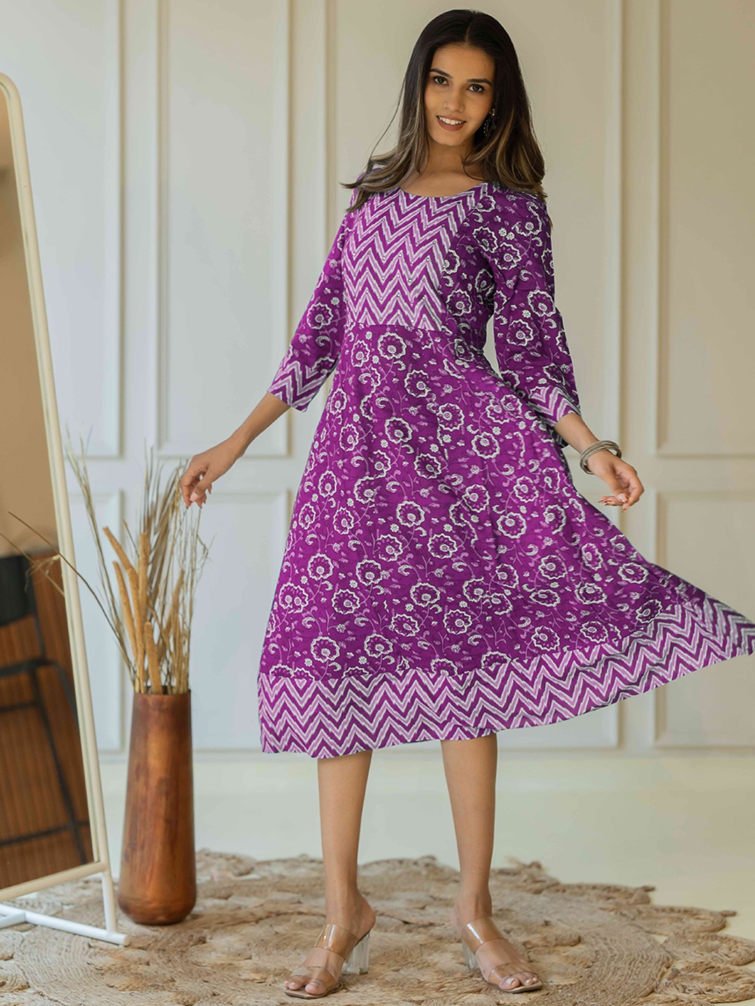 KALINI Floral Printed Round Neck Cotton Fit & Flare Midi Ethnic Dress, Purple