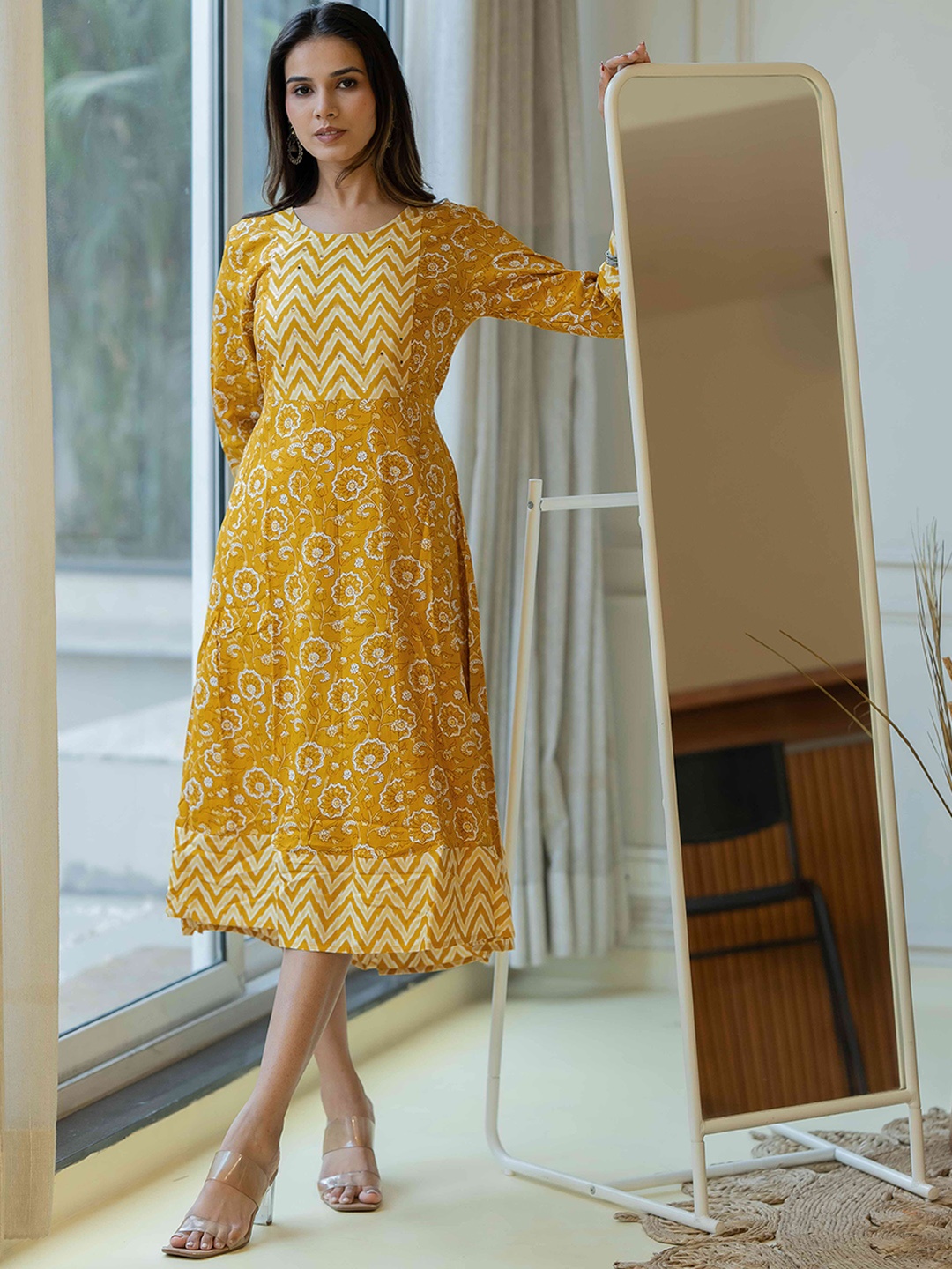 

KALINI Floral Printed Round Neck Cotton Fit & Flare Midi Ethnic Dress, Mustard