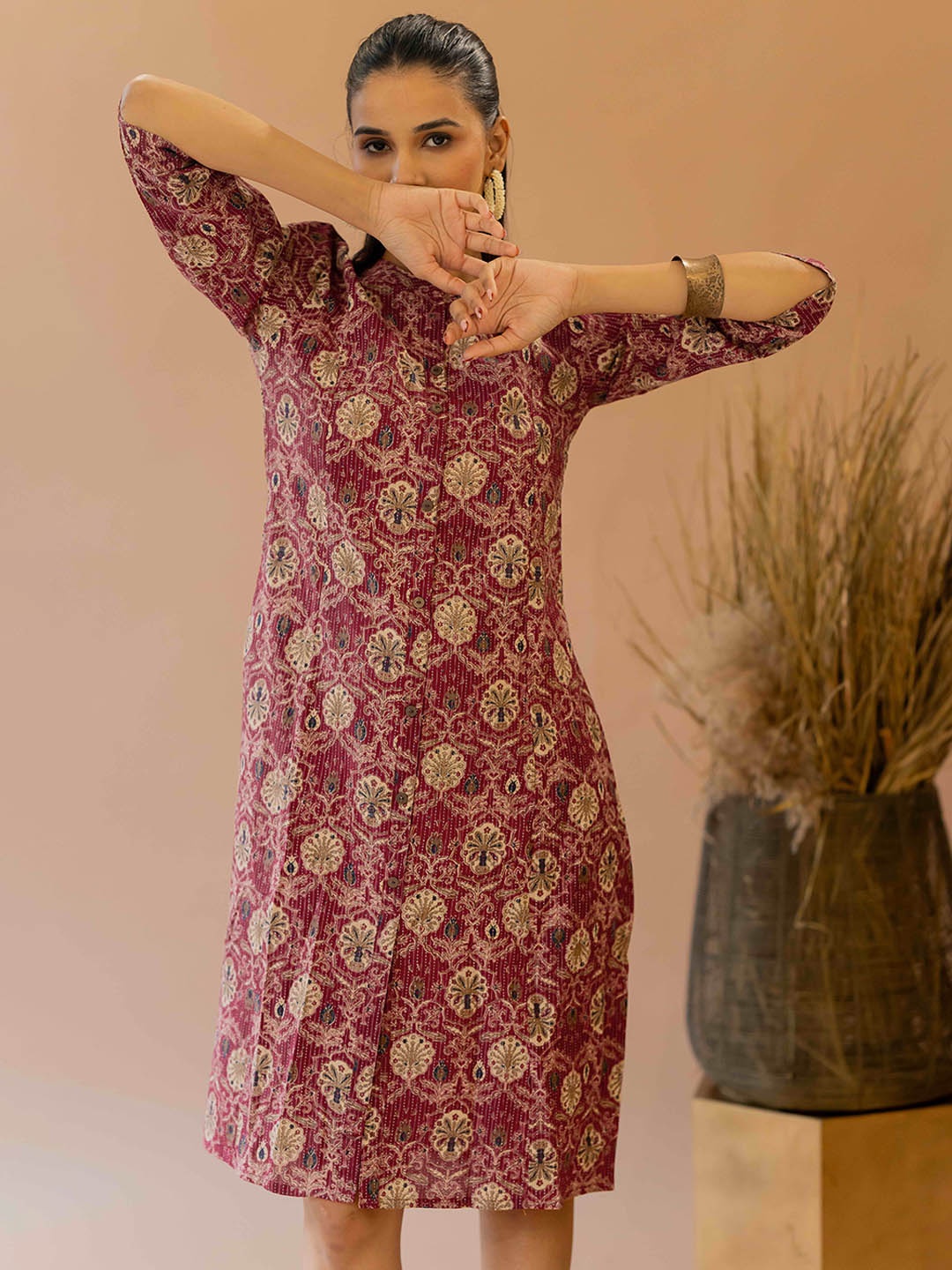 

KALINI Ajrakh Printed Kantha Work Mandarin Collar Cotton A-line Kurta, Maroon