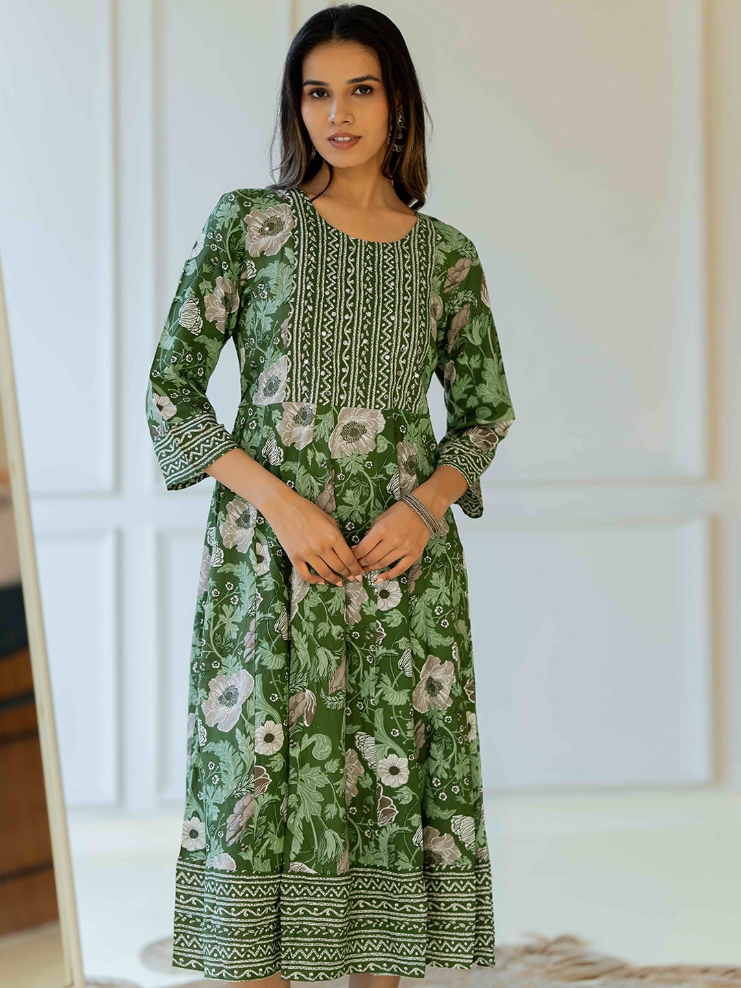 

KALINI Floral Printed Round Neck Cotton Fit & Flare Midi Ethnic Dress, Green