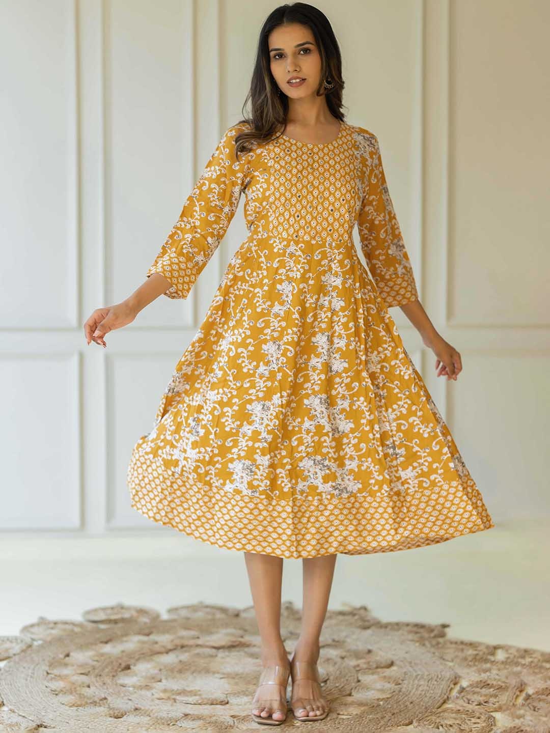 

KALINI Floral Printed Round Neck Cotton Fit & Flare Midi Ethnic Dress, Mustard