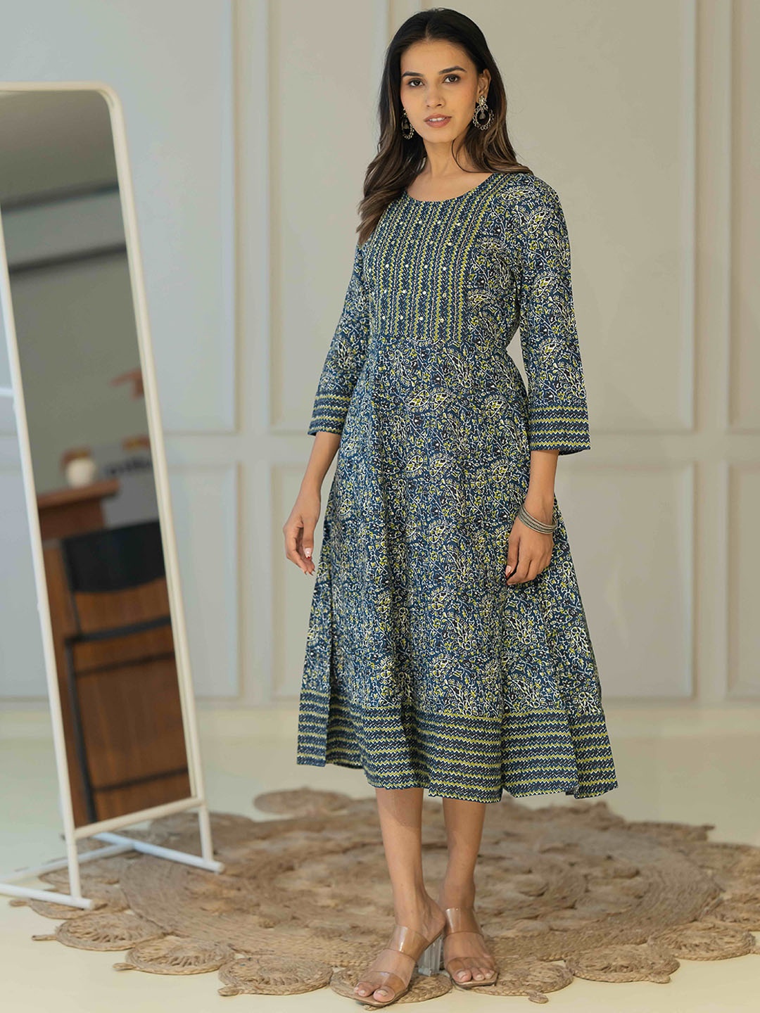 

KALINI Floral Printed Round Neck Cotton Fit & Flare Midi Ethnic Dress, Navy blue