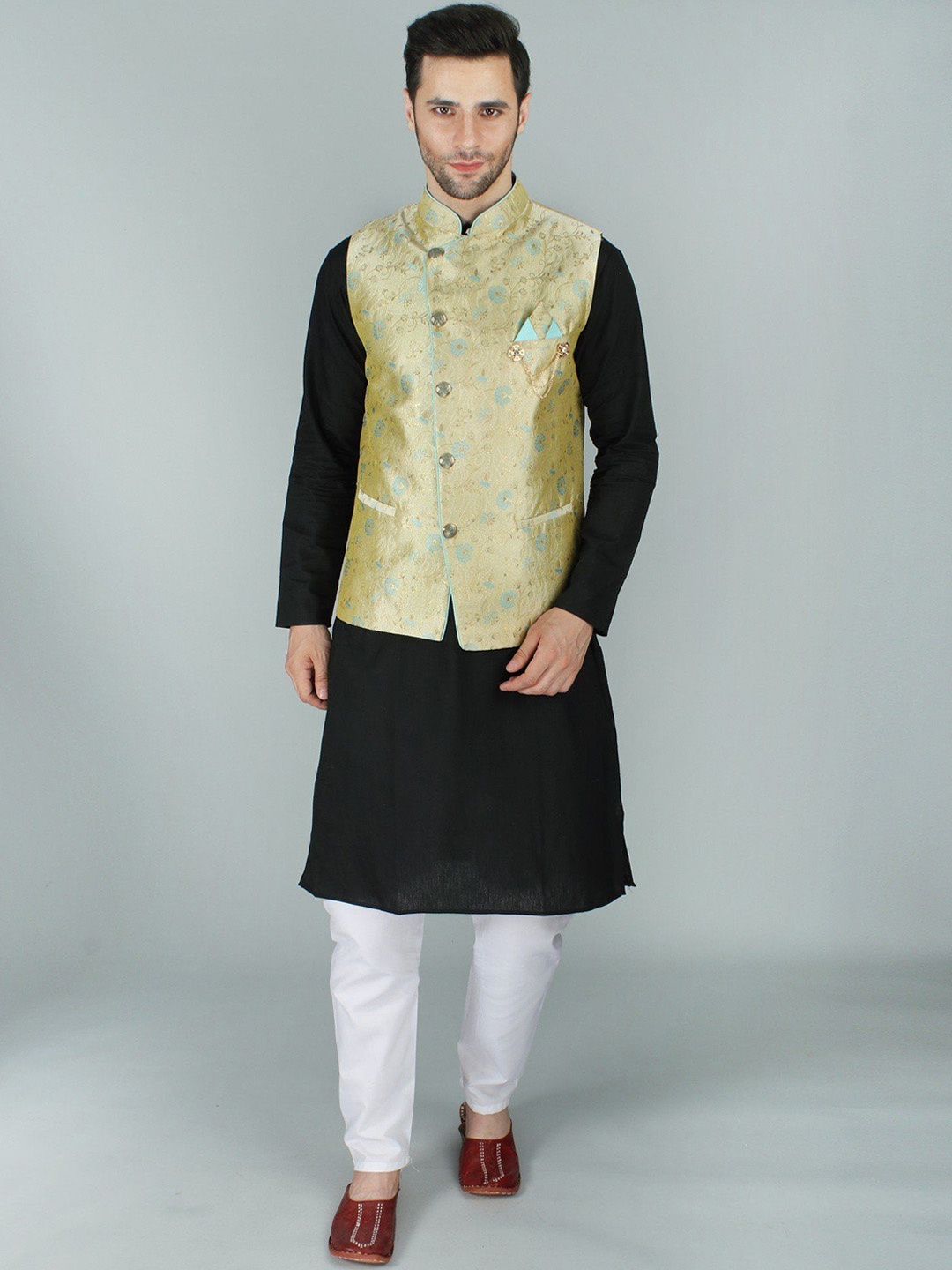 

Exotic India Porcelain Blue Elegant Gold Brocade Fabric Ethnic Jacket with Floral Motif, Green