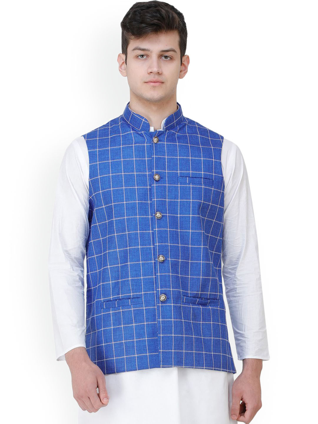 

Exotic India Single Check Woven Jute Waistcoat with Front Pockets, Blue
