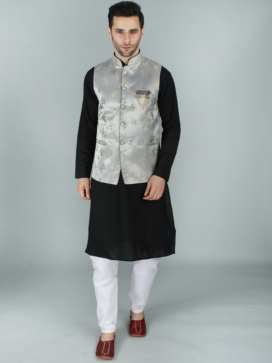 

Exotic India Nimbus Cloud Ethnic Party Wear Floral Brocade Bundi Waist Coat, Grey