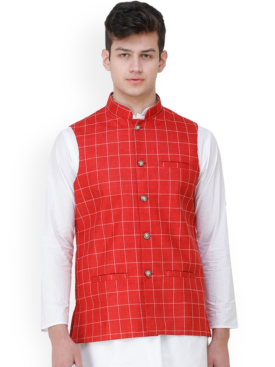 

Exotic India Single Check Tango Red Woven Jute Waistcoat with Front Pockets