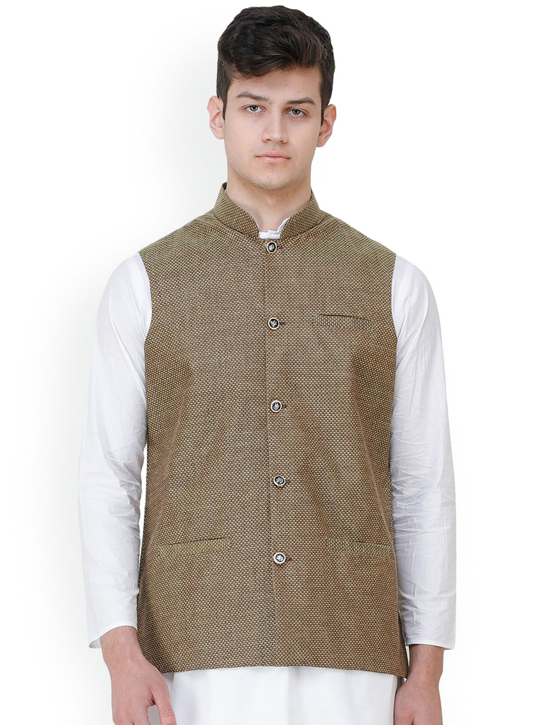 

Exotic India Bison Waistcoat with Diamond Weave and Front Pockets, Brown