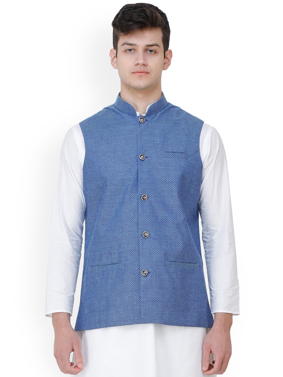 

Exotic India Dutch Blue Polycotton Waistcoat with Diamond Weave and Front Pockets