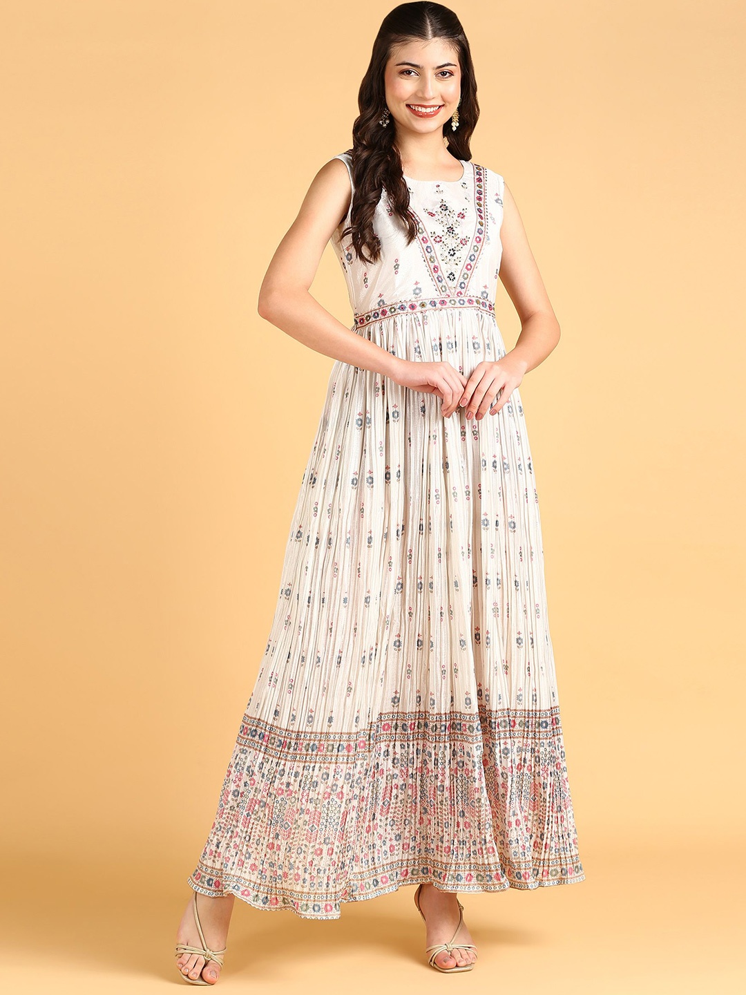 

DISHWA FASHION Ethnic Motifs Printed Fit and Flare Dress, White