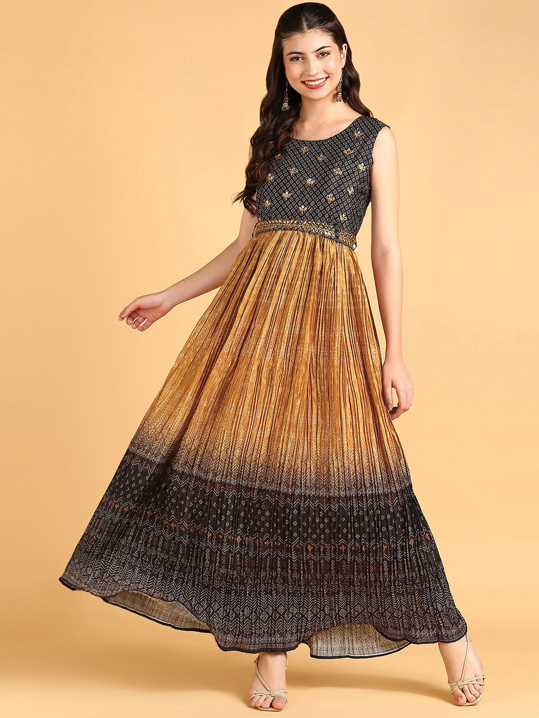 

DISHWA FASHION Ethnic Motifs Printed Round Neck Fit and Flare Dress, Yellow