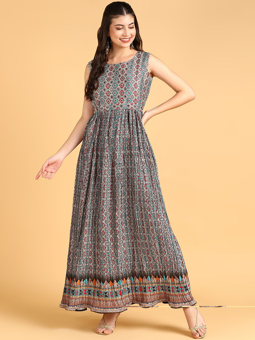 

DISHWA FASHION Ethnic Motifs Printed Fit and Flare Dress, Grey