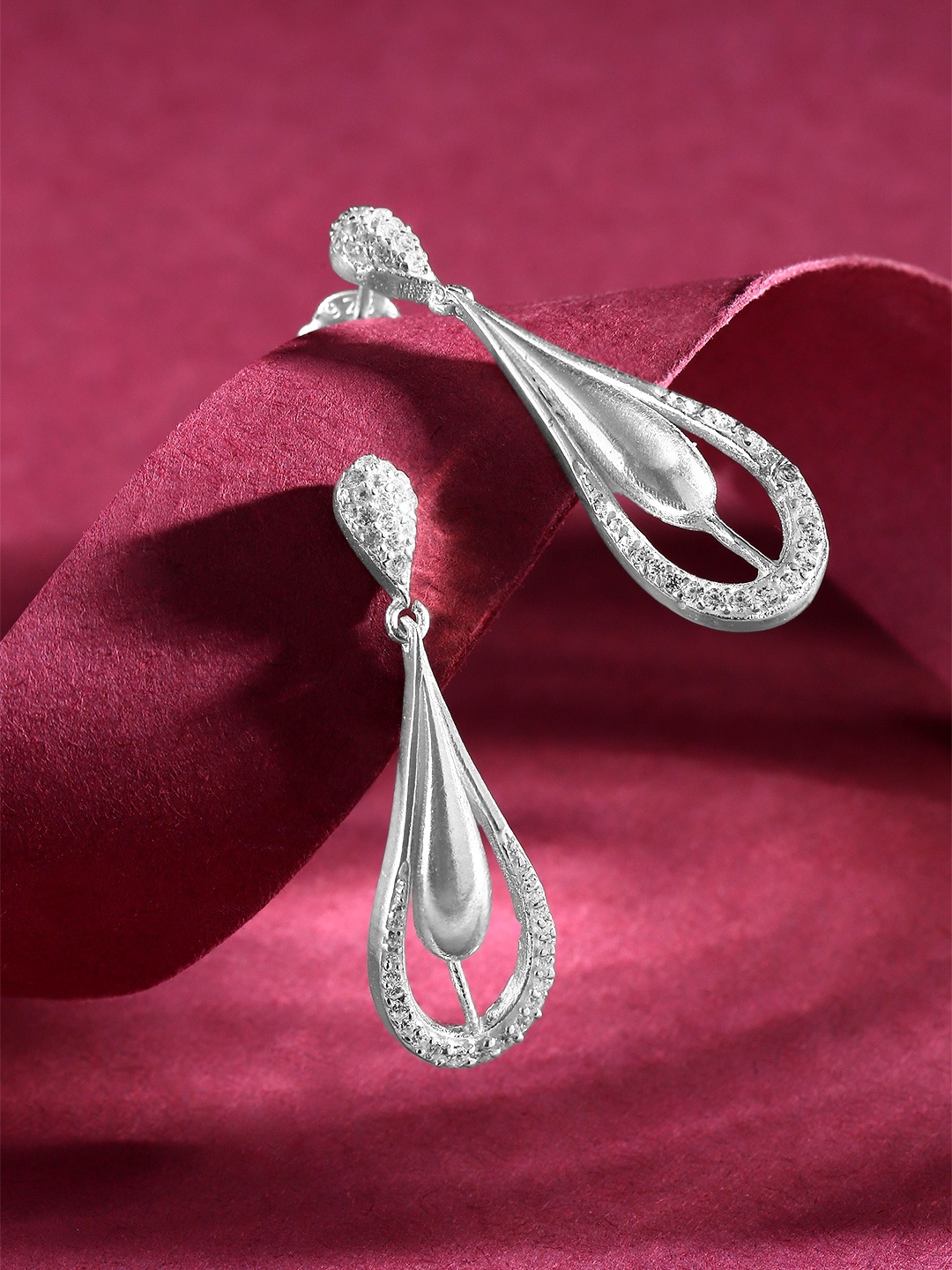 

Unniyarcha Stones-Studded Teardrop Shaped Drop Earrings, Silver