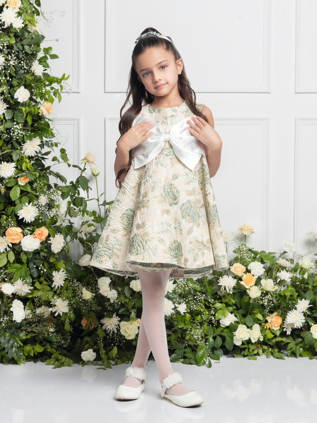 

THE PONY & PEONY CO. Girls Floral Printed Round Neck Bow Jacquard A-Line Dress, Green