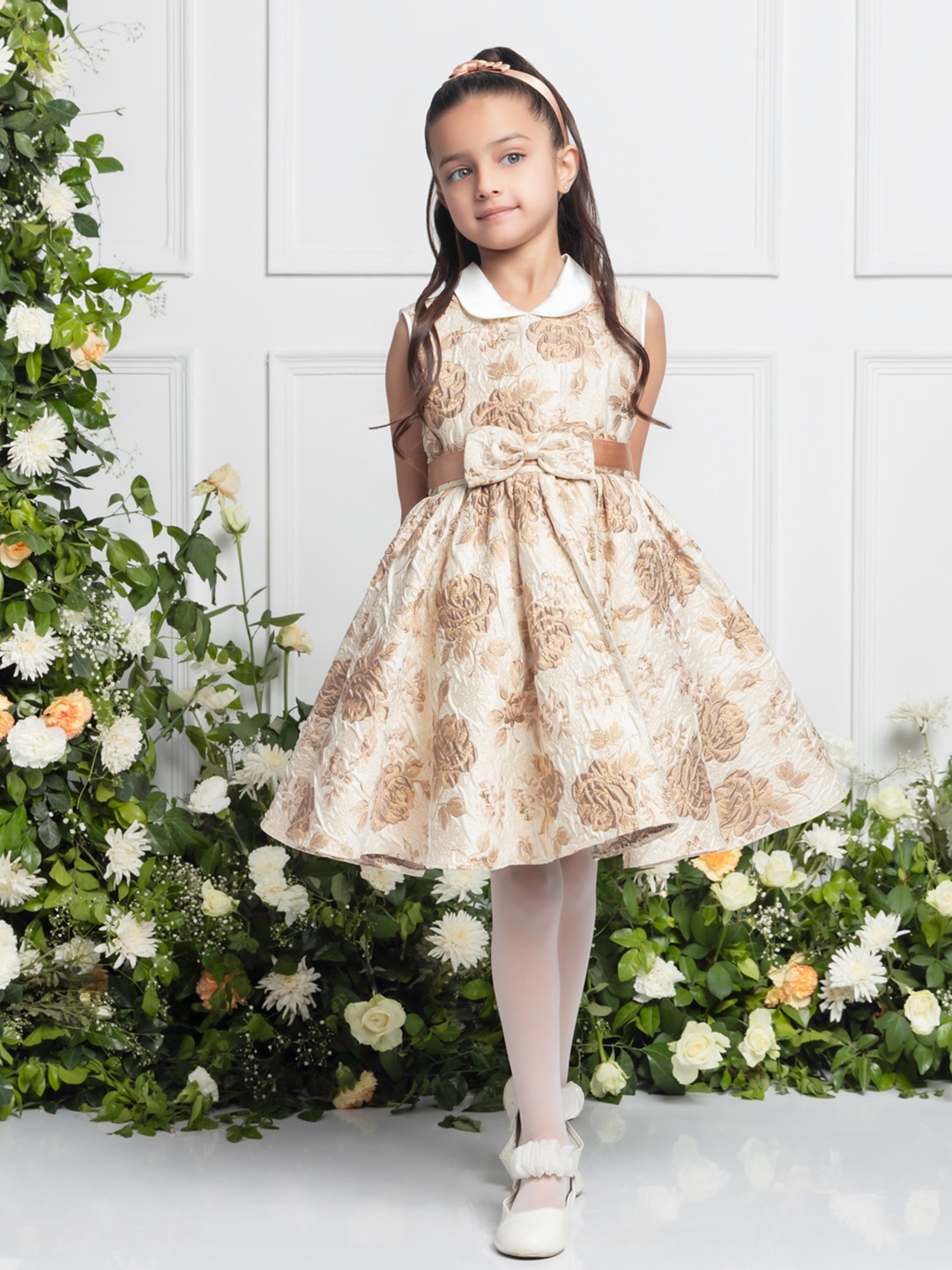 

THE PONY & PEONY CO. Girls Printed Peter Pan Collar Gathered Jacquard Fit & Flare Dress, Gold
