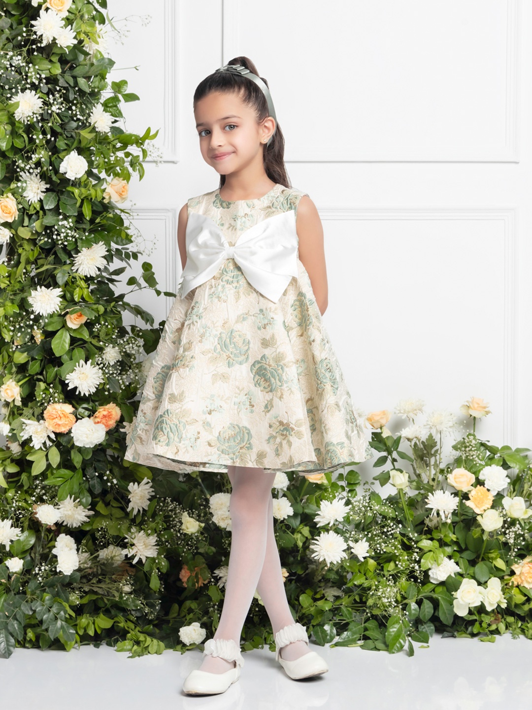 

THE PONY & PEONY CO. Girls Floral Printed Round Neck Bow Jacquard A-Line Dress, Green