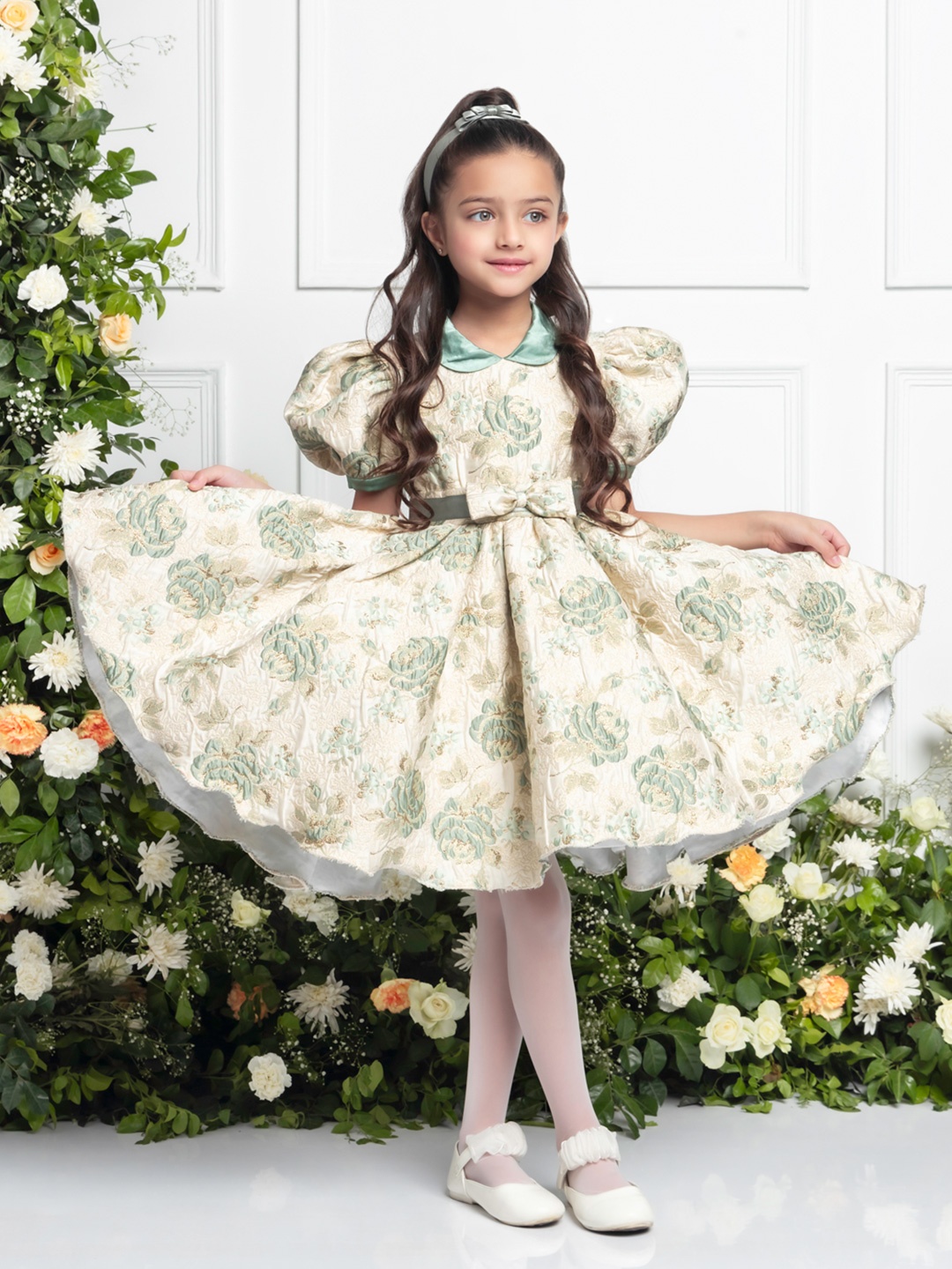 

THE PONY & PEONY CO. Girls Printed Peter Pan Collar Gathered Jacquard Fit & Flare Dress, Green