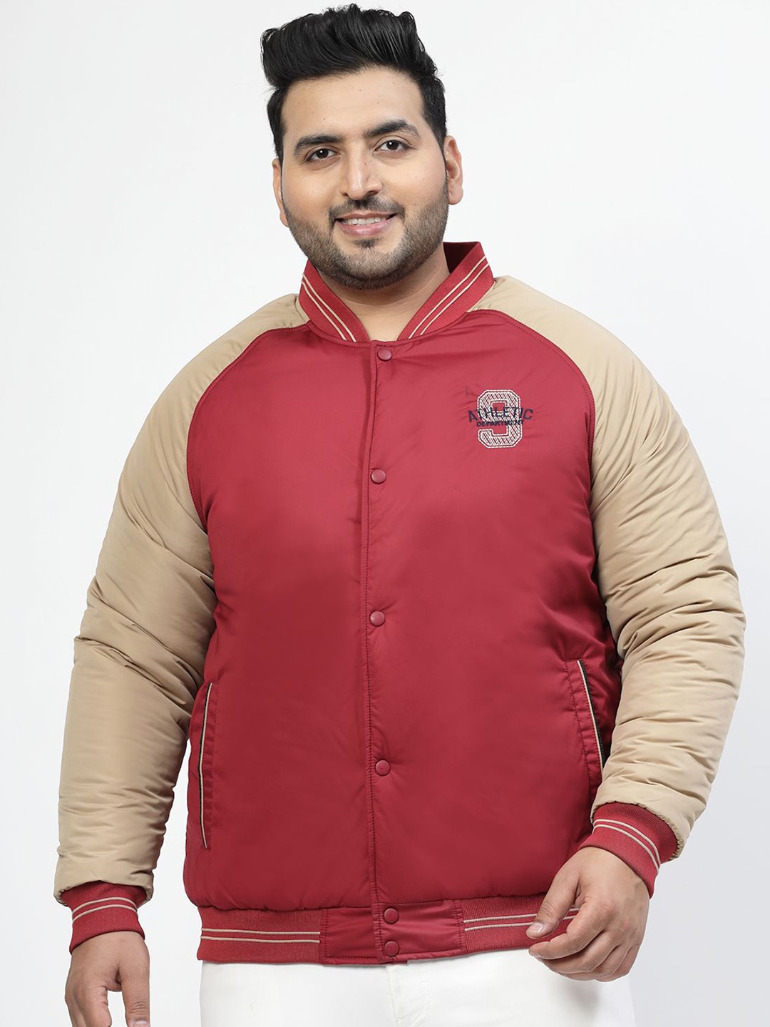 

plusS Colourblocked Stand Collar Bomber Jacket, Red