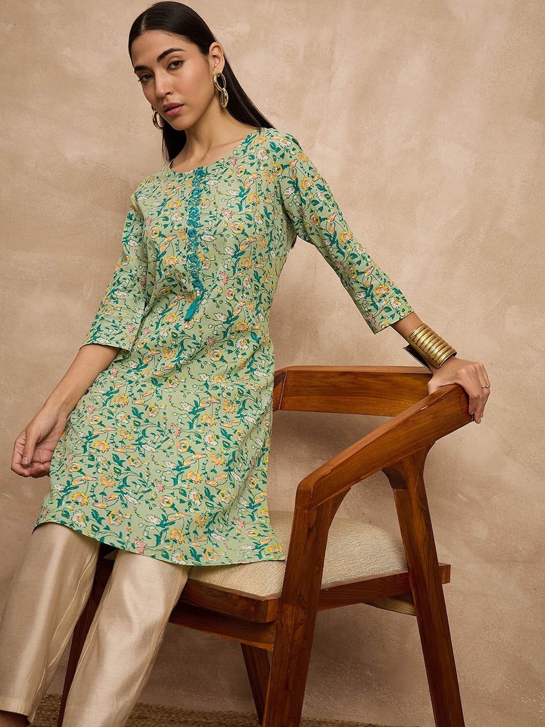 all about you Floral Printed Thread Work Cotton Straight Kurta, Green