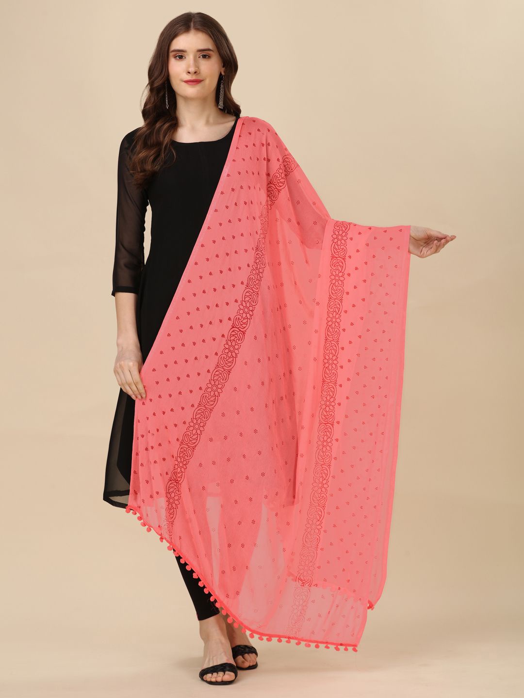 

KALINI Ethnic Motifs Printed Block Print Dupatta, Peach