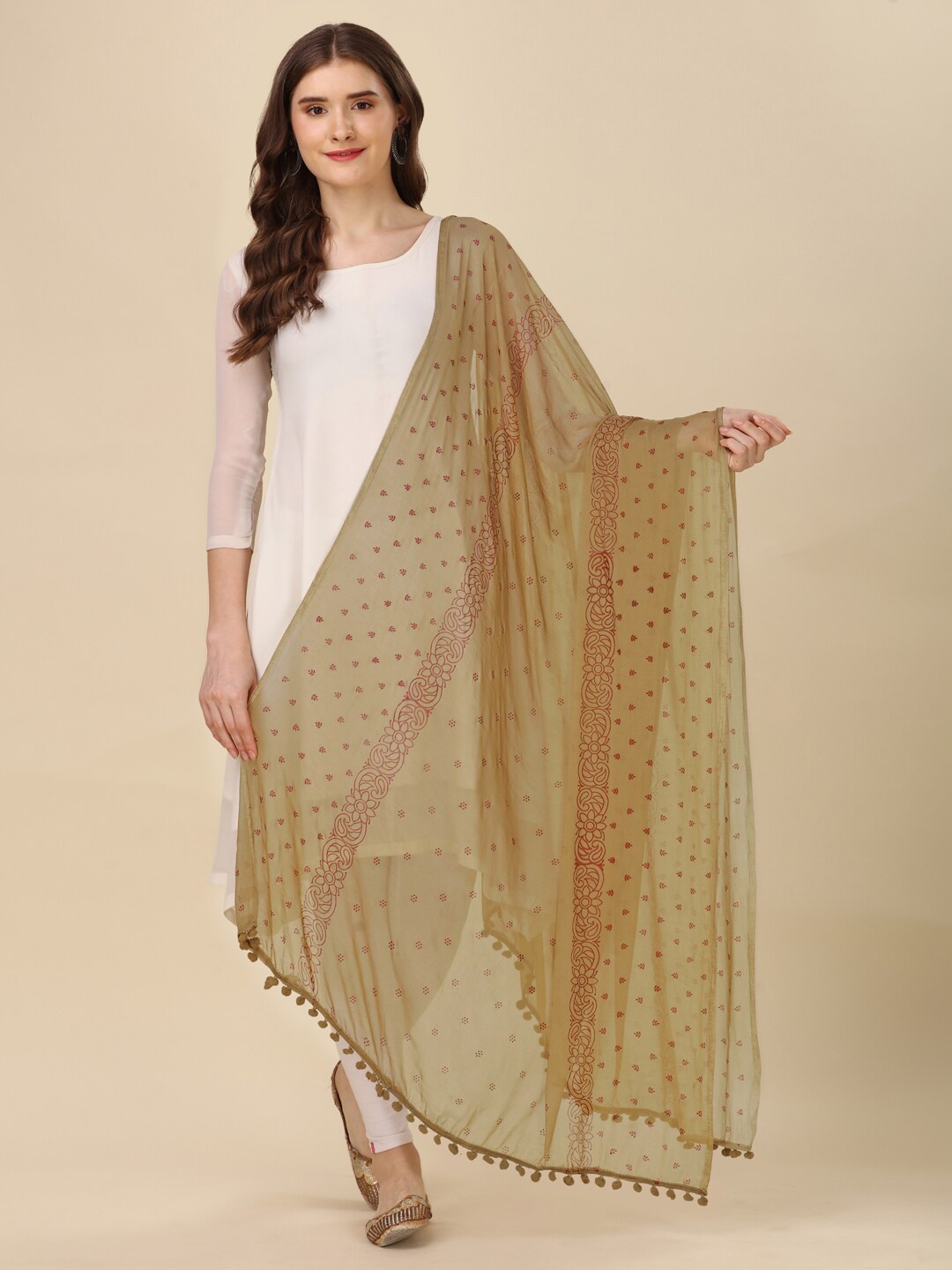 

KALINI Ethnic Motifs Printed Block Print Dupatta, Cream