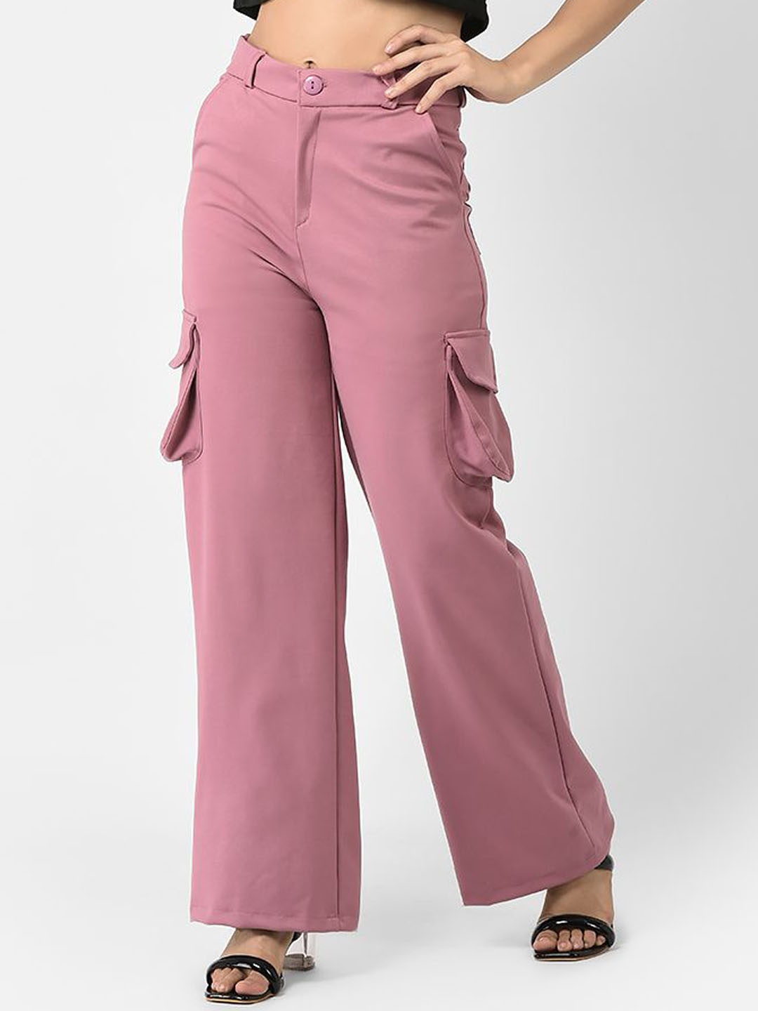 

FNOCKS Women Comfort Loose Fit High-Rise Wide Leg Pure Cotton Cargo Trousers, Pink