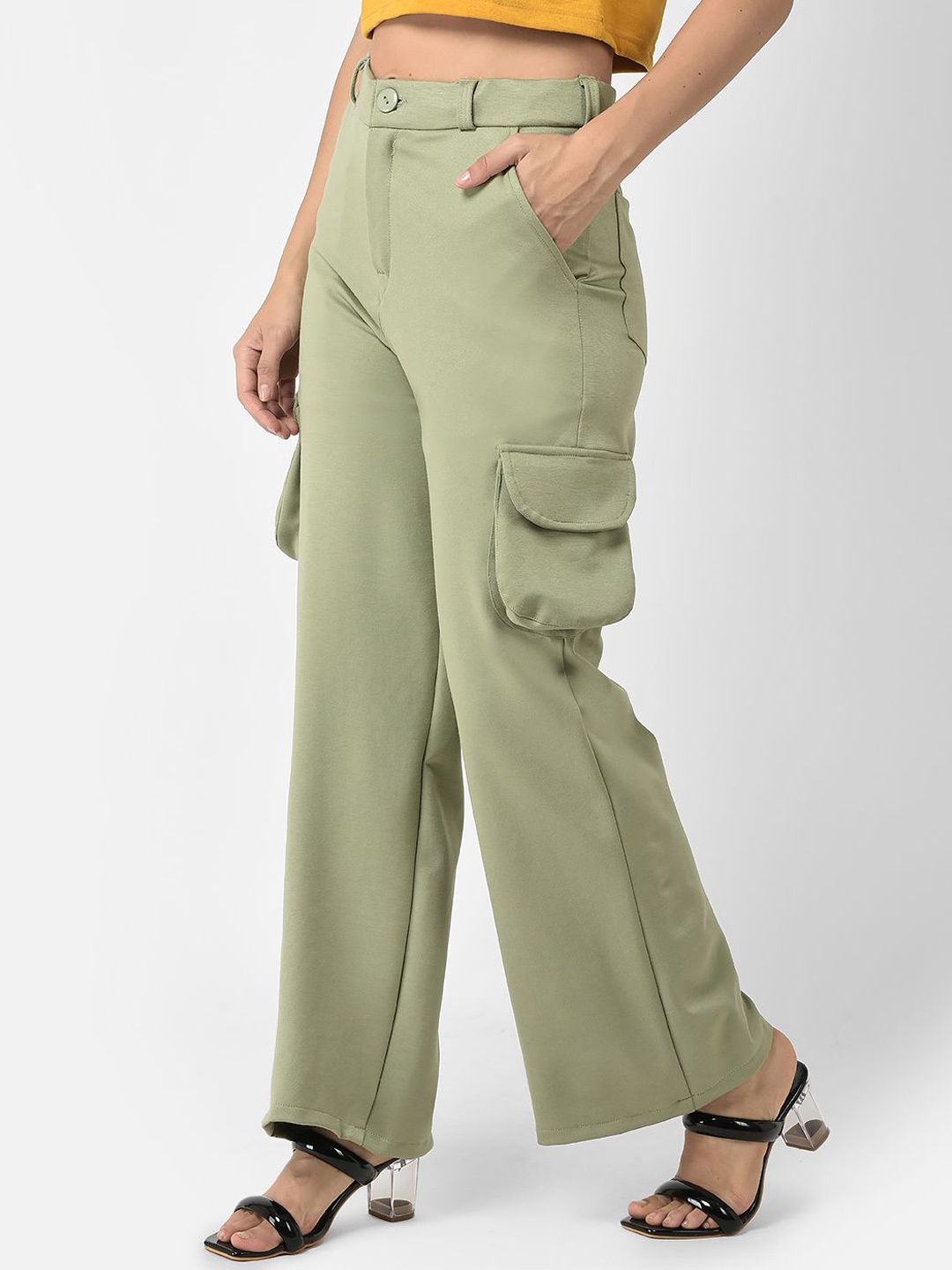 

FNOCKS Women Comfort Loose Fit High-Rise Wide Leg Pure Cotton Cargo Trousers, Green