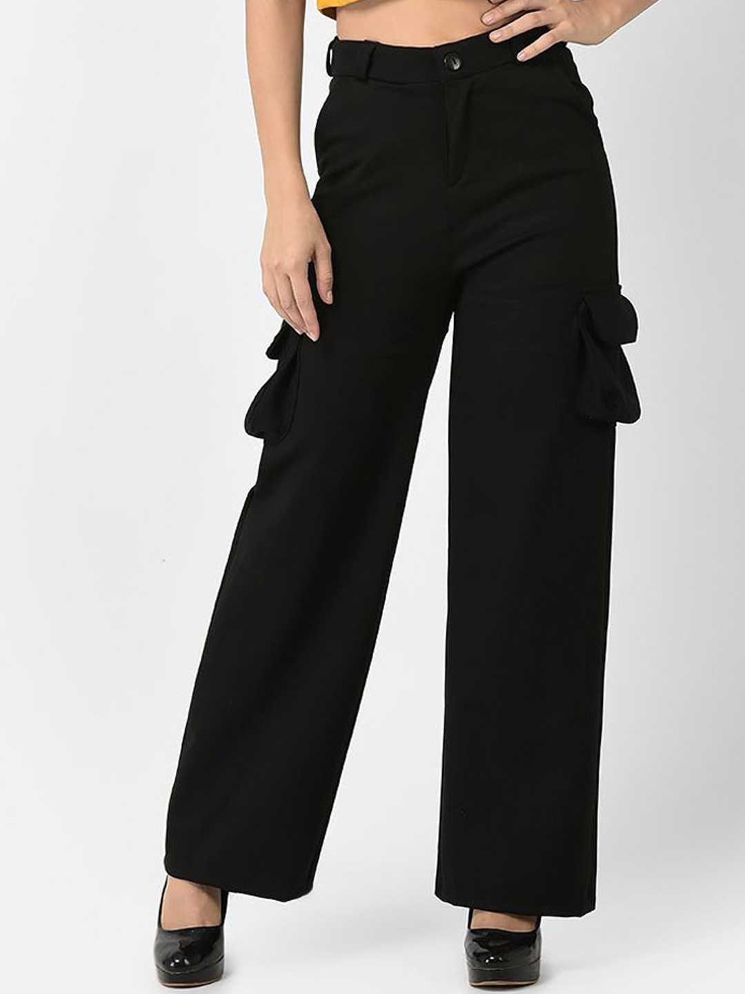

FNOCKS Women Comfort Loose Fit High-Rise Wide Leg Pure Cotton Cargo Trousers, Black
