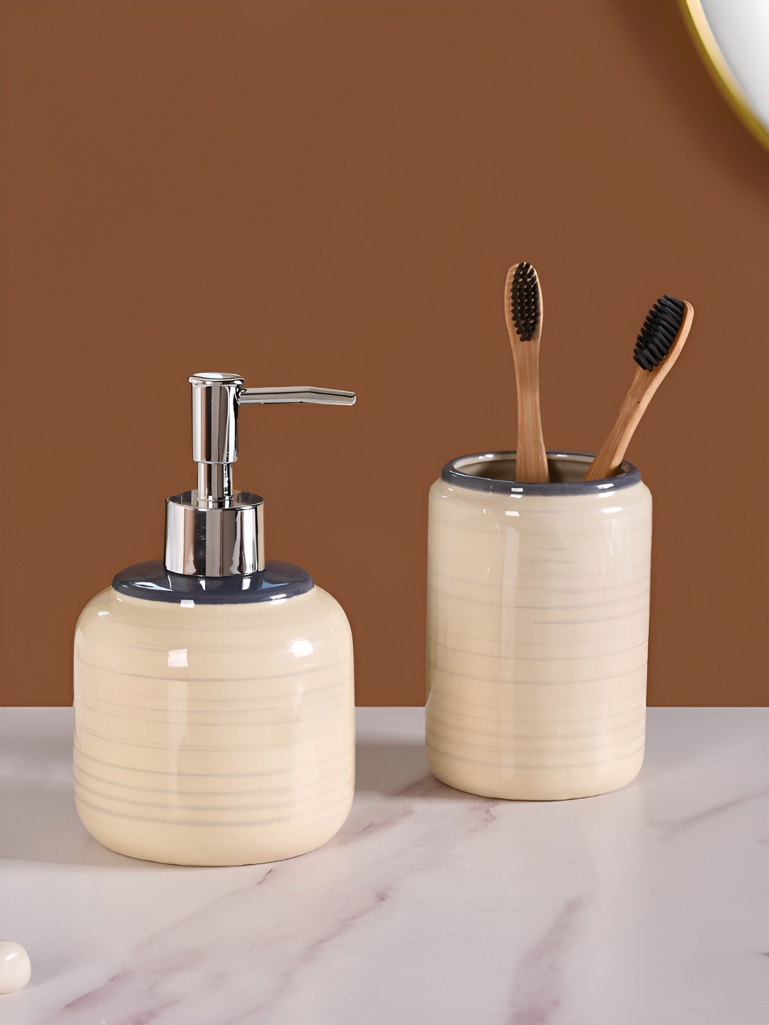 

Nestasia Cream & Silver-Toned 2 Pieces Striped Ceramic Contemporary Glossy Soap Dispenser