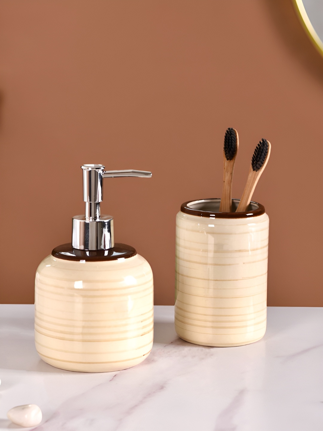 

Nestasia Beige & Brown 2 Pieces Striped Ceramic Contemporary Glossy Soap Dispenser