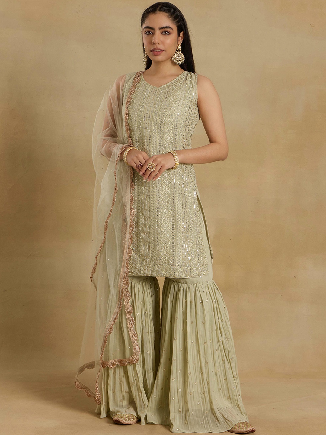 

Alaya By Stage3 Ethnic Motifs Embroidered Sequinned Straight Kurta With Sharara & Dupatta, Green