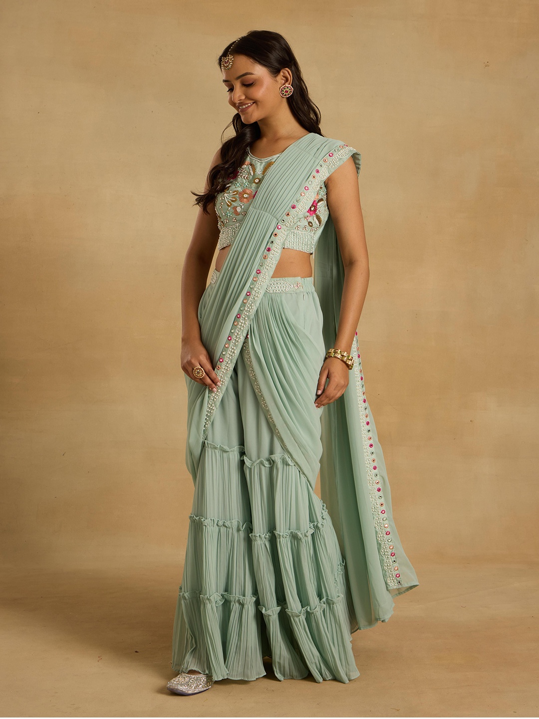 

Alaya By Stage3 Embroidered Pure Georgette Ruffles Saree, Blue