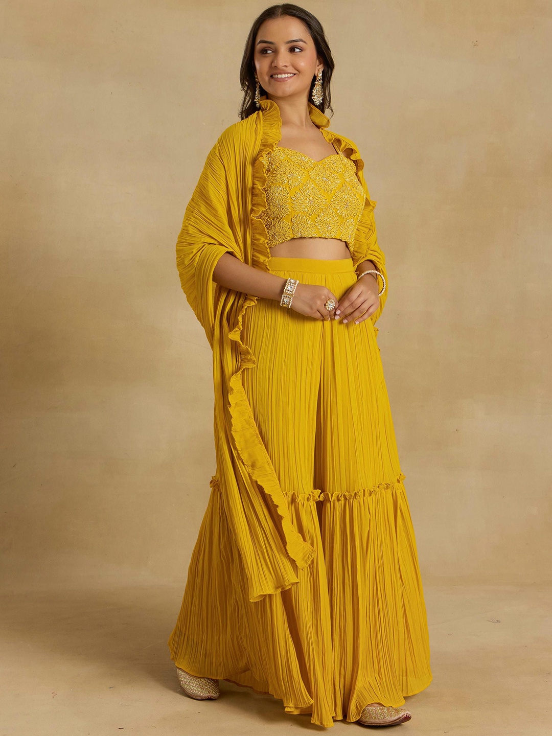 

Alaya By Stage3 Embroidered Shoulder Straps Frills Crop Top With Sharara & Cape, Yellow